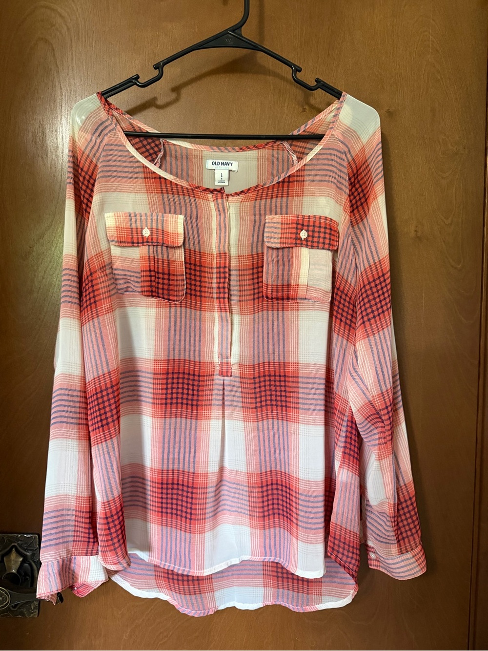 Old Navy Coral and White Plaid Long-Sleeve Blouse